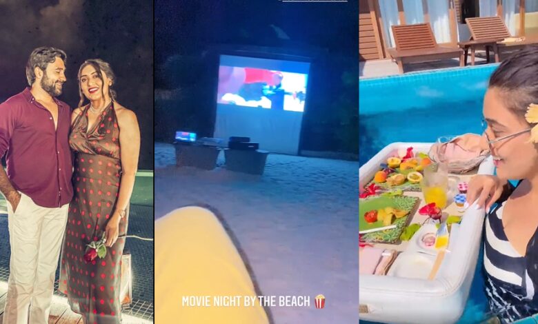 shireen mirza: Double celebration of Shireen Mirza in Maldives, movie with husband under open sky, romantic dinner taken - shireen mirza enjoyed movie night with husband hasan sartaj at beach in maldives